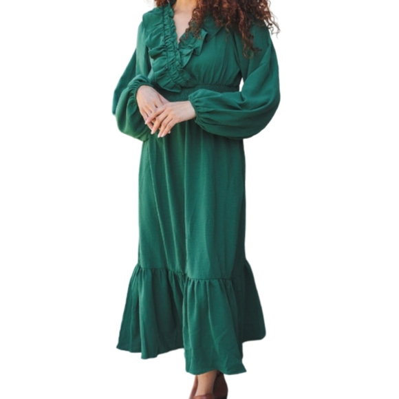 Haptics Dresses & Skirts - Beautiful You Green Overlap Ruffle V Neck Midi Dress